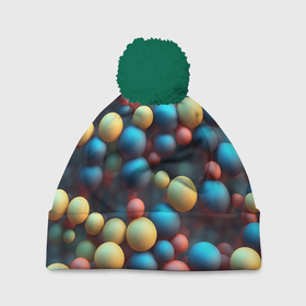 Шапка 3D c помпоном с принтом Разноцветные шарики молекул в Новосибирске, 100% полиэстер | универсальный размер, печать по всей поверхности изделия | 