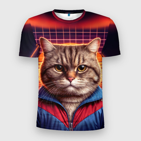 Мужская футболка 3D Slim с принтом Полосатый кот в спортивном костюме в Белгороде, 100% полиэстер с улучшенными характеристиками | приталенный силуэт, круглая горловина, широкие плечи, сужается к линии бедра | 