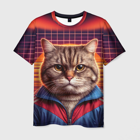 Мужская футболка 3D с принтом Полосатый кот в спортивном костюме в Петрозаводске, 100% полиэфир | прямой крой, круглый вырез горловины, длина до линии бедер | 