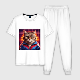 Мужская пижама хлопок с принтом Полосатый кот в спортивной куртке в Петрозаводске, 100% хлопок | брюки и футболка прямого кроя, без карманов, на брюках мягкая резинка на поясе и по низу штанин
 | 
