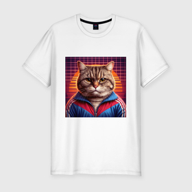 Мужская футболка хлопок Slim с принтом Полосатый кот в спортивной куртке в Петрозаводске, 92% хлопок, 8% лайкра | приталенный силуэт, круглый вырез ворота, длина до линии бедра, короткий рукав | 