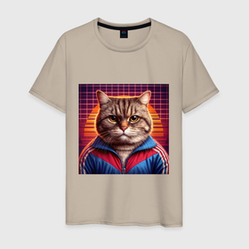 Мужская футболка хлопок с принтом Полосатый кот в спортивной куртке в Санкт-Петербурге, 100% хлопок | прямой крой, круглый вырез горловины, длина до линии бедер, слегка спущенное плечо. | 