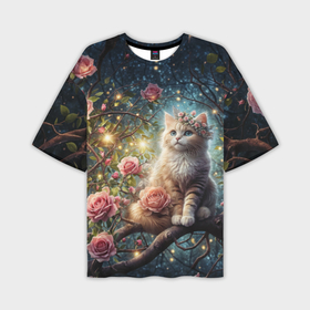 Мужская футболка oversize 3D с принтом Рыжий кот в розовых розах на дереве в Петрозаводске,  |  | Тематика изображения на принте: 