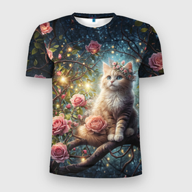 Мужская футболка 3D Slim с принтом Рыжий кот в розовых розах на дереве в Белгороде, 100% полиэстер с улучшенными характеристиками | приталенный силуэт, круглая горловина, широкие плечи, сужается к линии бедра | Тематика изображения на принте: 