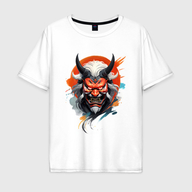 Мужская футболка хлопок Oversize с принтом Беловолосый демон маска самурая в Белгороде, 100% хлопок | свободный крой, круглый ворот, “спинка” длиннее передней части | 