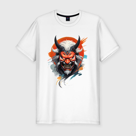 Мужская футболка хлопок Slim с принтом Беловолосый демон маска самурая в Екатеринбурге, 92% хлопок, 8% лайкра | приталенный силуэт, круглый вырез ворота, длина до линии бедра, короткий рукав | Тематика изображения на принте: 