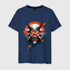 Мужская футболка хлопок с принтом Беловолосый демон маска самурая в Кировске, 100% хлопок | прямой крой, круглый вырез горловины, длина до линии бедер, слегка спущенное плечо. | 