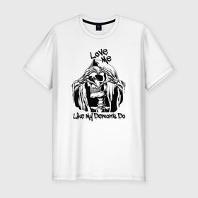 Мужская футболка хлопок Slim с принтом Love me like my demons do в Новосибирске, 92% хлопок, 8% лайкра | приталенный силуэт, круглый вырез ворота, длина до линии бедра, короткий рукав | Тематика изображения на принте: 