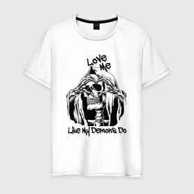 Мужская футболка хлопок с принтом Love me like my demons do в Новосибирске, 100% хлопок | прямой крой, круглый вырез горловины, длина до линии бедер, слегка спущенное плечо. | Тематика изображения на принте: 