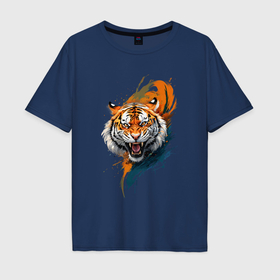 Мужская футболка хлопок Oversize с принтом Рычащий тигр арт , 100% хлопок | свободный крой, круглый ворот, “спинка” длиннее передней части | Тематика изображения на принте: 