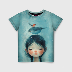 Детская футболка 3D с принтом Девочка с птицами в Екатеринбурге, 100% гипоаллергенный полиэфир | прямой крой, круглый вырез горловины, длина до линии бедер, чуть спущенное плечо, ткань немного тянется | 