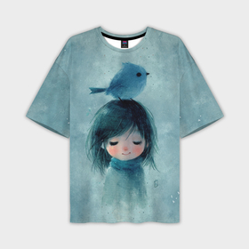 Мужская футболка oversize 3D с принтом Милые девочка и птица холодной зимой в Санкт-Петербурге,  |  | 