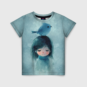 Детская футболка 3D с принтом Милые девочка и птица холодной зимой в Екатеринбурге, 100% гипоаллергенный полиэфир | прямой крой, круглый вырез горловины, длина до линии бедер, чуть спущенное плечо, ткань немного тянется | 