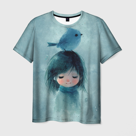 Мужская футболка 3D с принтом Милые девочка и птица холодной зимой в Санкт-Петербурге, 100% полиэфир | прямой крой, круглый вырез горловины, длина до линии бедер | 