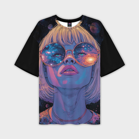 Мужская футболка oversize 3D с принтом Девушка в очках в космосе в Петрозаводске,  |  | Тематика изображения на принте: 
