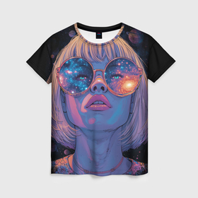 Женская футболка 3D с принтом Девушка в очках в космосе в Новосибирске, 100% полиэфир ( синтетическое хлопкоподобное полотно) | прямой крой, круглый вырез горловины, длина до линии бедер | 