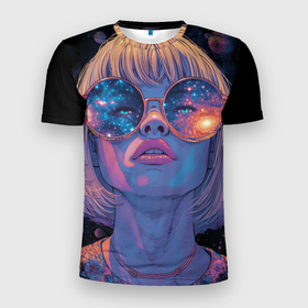 Мужская футболка 3D Slim с принтом Девушка в очках в космосе в Санкт-Петербурге, 100% полиэстер с улучшенными характеристиками | приталенный силуэт, круглая горловина, широкие плечи, сужается к линии бедра | Тематика изображения на принте: 