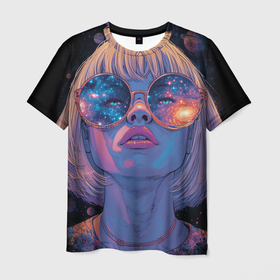 Мужская футболка 3D с принтом Девушка в очках в космосе в Санкт-Петербурге, 100% полиэфир | прямой крой, круглый вырез горловины, длина до линии бедер | Тематика изображения на принте: 