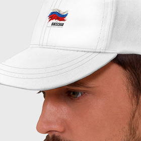 Бейсболка с принтом Развевающийся флаг России с надписью , 100% хлопок | классический козырек, металлическая застежка-регулятор размера | Тематика изображения на принте: 