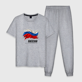 Мужская пижама хлопок с принтом Развевающийся флаг России с надписью , 100% хлопок | брюки и футболка прямого кроя, без карманов, на брюках мягкая резинка на поясе и по низу штанин
 | 