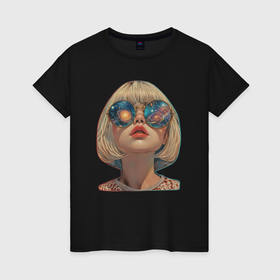Женская футболка хлопок с принтом Вселенная отражается в очках девушки в Санкт-Петербурге, 100% хлопок | прямой крой, круглый вырез горловины, длина до линии бедер, слегка спущенное плечо | 