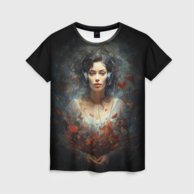 Женская футболка 3D с принтом Девушка влюбленная в музыку в Новосибирске, 100% полиэфир ( синтетическое хлопкоподобное полотно) | прямой крой, круглый вырез горловины, длина до линии бедер | 