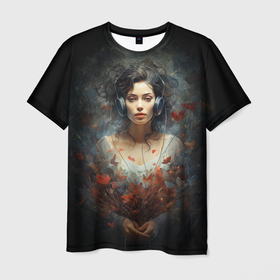 Мужская футболка 3D с принтом Девушка влюбленная в музыку в Санкт-Петербурге, 100% полиэфир | прямой крой, круглый вырез горловины, длина до линии бедер | 