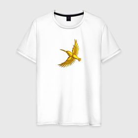Мужская футболка хлопок с принтом Золотая птица удачи  зимородок в Санкт-Петербурге, 100% хлопок | прямой крой, круглый вырез горловины, длина до линии бедер, слегка спущенное плечо. | 
