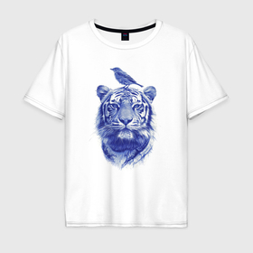 Мужская футболка хлопок Oversize с принтом Тигр с птицей на голове в Белгороде, 100% хлопок | свободный крой, круглый ворот, “спинка” длиннее передней части | 