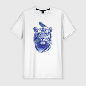 Мужская футболка хлопок Slim с принтом Тигр с птицей на голове , 92% хлопок, 8% лайкра | приталенный силуэт, круглый вырез ворота, длина до линии бедра, короткий рукав | 