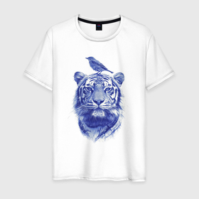 Мужская футболка хлопок с принтом Тигр с птицей на голове в Белгороде, 100% хлопок | прямой крой, круглый вырез горловины, длина до линии бедер, слегка спущенное плечо. | 