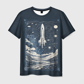 Мужская футболка 3D с принтом Винтажный постер космос титан ракета , 100% полиэфир | прямой крой, круглый вырез горловины, длина до линии бедер | 