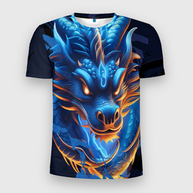 Мужская футболка 3D Slim с принтом Синий водяной дракон в Санкт-Петербурге, 100% полиэстер с улучшенными характеристиками | приталенный силуэт, круглая горловина, широкие плечи, сужается к линии бедра | 