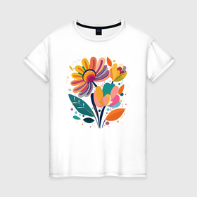 Женская футболка хлопок с принтом Цветы   яркий букет цветов к 8 марта в Екатеринбурге, 100% хлопок | прямой крой, круглый вырез горловины, длина до линии бедер, слегка спущенное плечо | 