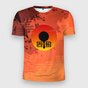 Мужская футболка 3D Slim с принтом PUBG game orange в Белгороде, 100% полиэстер с улучшенными характеристиками | приталенный силуэт, круглая горловина, широкие плечи, сужается к линии бедра | 