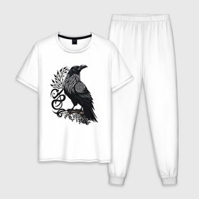 Мужская пижама хлопок с принтом Мистический славянский ворон , 100% хлопок | брюки и футболка прямого кроя, без карманов, на брюках мягкая резинка на поясе и по низу штанин
 | 