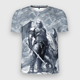 Мужская футболка 3D Slim с принтом The Witcher and dragon   hand drawn style в Белгороде, 100% полиэстер с улучшенными характеристиками | приталенный силуэт, круглая горловина, широкие плечи, сужается к линии бедра | 
