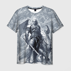 Мужская футболка 3D с принтом The Witcher and dragon   hand drawn style в Петрозаводске, 100% полиэфир | прямой крой, круглый вырез горловины, длина до линии бедер | 