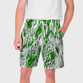 Мужские шорты 3D с принтом Белый и зелёный узор в Белгороде,  полиэстер 100% | прямой крой, два кармана без застежек по бокам. Мягкая трикотажная резинка на поясе, внутри которой широкие завязки. Длина чуть выше колен | 