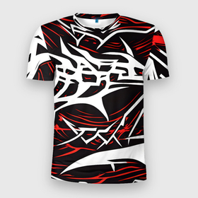 Мужская футболка 3D Slim с принтом Белые и красные агрессивные линии на чёрном фоне в Белгороде, 100% полиэстер с улучшенными характеристиками | приталенный силуэт, круглая горловина, широкие плечи, сужается к линии бедра | 