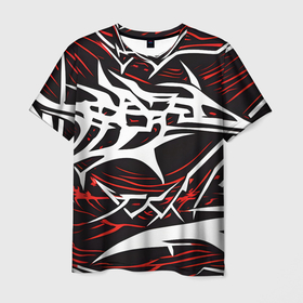 Мужская футболка 3D с принтом Белые и красные агрессивные линии на чёрном фоне в Белгороде, 100% полиэфир | прямой крой, круглый вырез горловины, длина до линии бедер | 