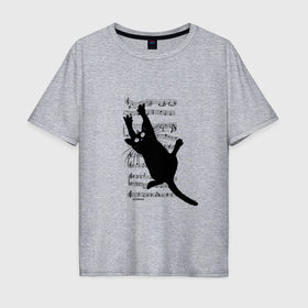 Мужская футболка хлопок Oversize с принтом Кот повис на музыкальных нотах в Тюмени, 100% хлопок | свободный крой, круглый ворот, “спинка” длиннее передней части | 