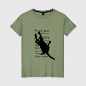 Женская футболка хлопок с принтом Кот повис на музыкальных нотах в Курске, 100% хлопок | прямой крой, круглый вырез горловины, длина до линии бедер, слегка спущенное плечо | 