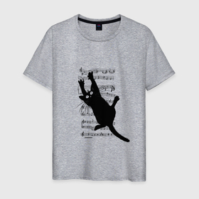 Мужская футболка хлопок с принтом Кот повис на музыкальных нотах в Тюмени, 100% хлопок | прямой крой, круглый вырез горловины, длина до линии бедер, слегка спущенное плечо. | 