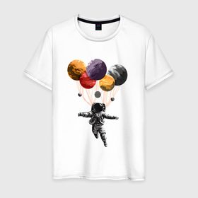 Мужская футболка хлопок с принтом Космонавт в космосе парит на планетах в Рязани, 100% хлопок | прямой крой, круглый вырез горловины, длина до линии бедер, слегка спущенное плечо. | 