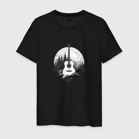 Мужская футболка хлопок с принтом Гитара на фоне природы и гор в Санкт-Петербурге, 100% хлопок | прямой крой, круглый вырез горловины, длина до линии бедер, слегка спущенное плечо. | 