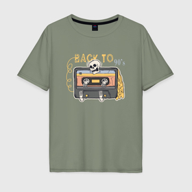 Мужская футболка хлопок Oversize с принтом Скелет и кассета назад в 90е в Санкт-Петербурге, 100% хлопок | свободный крой, круглый ворот, “спинка” длиннее передней части | Тематика изображения на принте: 