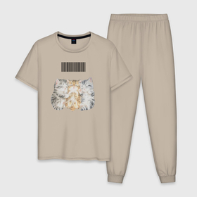 Мужская пижама хлопок с принтом Спящие котята штрих код , 100% хлопок | брюки и футболка прямого кроя, без карманов, на брюках мягкая резинка на поясе и по низу штанин
 | 