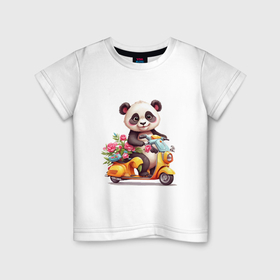 Детская футболка хлопок с принтом Панда на мопеде в Санкт-Петербурге, 100% хлопок | круглый вырез горловины, полуприлегающий силуэт, длина до линии бедер | Тематика изображения на принте: 