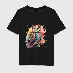 Мужская футболка хлопок Oversize с принтом Акварельная сова в Курске, 100% хлопок | свободный крой, круглый ворот, “спинка” длиннее передней части | 